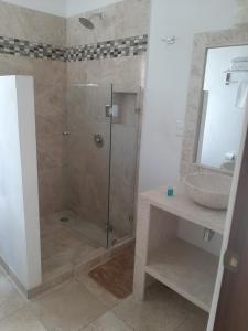 La salle de bains est pourvue d'une douche et d'un lavabo. dans l'établissement Quinta Boutique Zana, à Cuernavaca