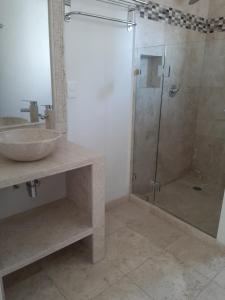 W łazience znajduje się szklana kabina prysznicowa i umywalka. w obiekcie Cuernavaca Eden Hotel Boutique doble w mieście Cuernavaca