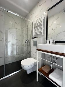 a bathroom with a toilet and a sink and a shower at WSCHODY I ZACHODY in Jastrzębia Góra
