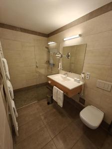 ein Badezimmer mit einem Waschbecken, einem WC und einem Spiegel in der Unterkunft Hotel Restaurant Perschler in Rattenberg