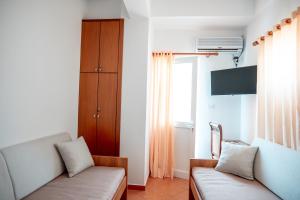 a living room with two couches and a tv at Holiday Hideout in Gjirokastër