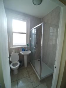 uma casa de banho com um WC, um chuveiro e um lavatório. em Sussex Lodge Guest House em Slough