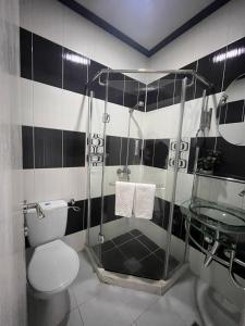 a bathroom with a toilet and a glass shower at Hotel Scorpion in Kru&scaron;evo