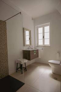 een badkamer met een wastafel, een toilet en een spiegel bij Casa dos Primos in Muxagata