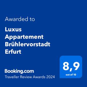 a screenshot of a phone with the text awarded to luxus agreement enlightenment enlightenment attempt at Luxus Appartement Brühlervorstadt Erfurt in Erfurt