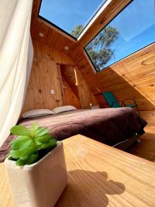 ein Schlafzimmer mit einem Bett und einem Tisch mit einer Pflanze in der Unterkunft Guatavita Glamping club in Bogotá