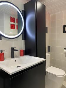 uma casa de banho com um lavatório, um espelho e um WC. em Le Loft em Port-Sainte-Foy-et-Ponchapt