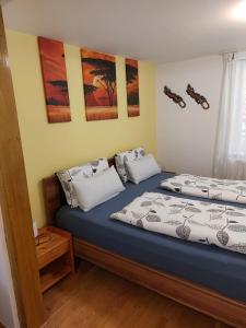 1 dormitorio con 2 camas y pinturas en la pared en Schwabenstuben Doppelzimmer, en Meersburg