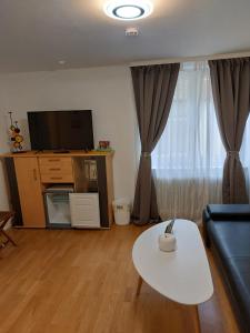 sala de estar con sofá, TV y mesa en Schwabenstuben Doppelzimmer, en Meersburg