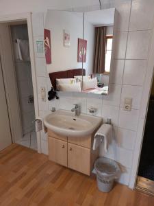 bagno con lavandino e specchio di Schwabenstuben Doppelzimmer a Meersburg