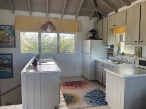 uma cozinha com armários brancos e um frigorífico branco em Sunnyside home em Savannah Sound