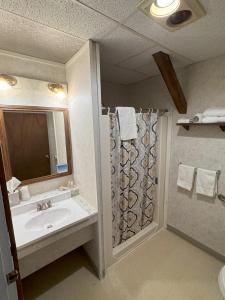 a bathroom with a sink and a shower with a mirror at Lake Ontario Motel & Inn in Newfane