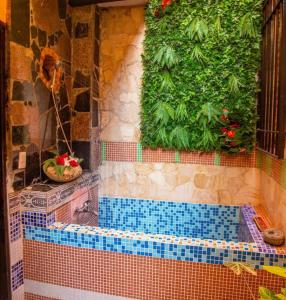 uma casa de banho em azulejo com uma banheira com uma planta em Boutique Colonial House Hotel em Santo Domingo