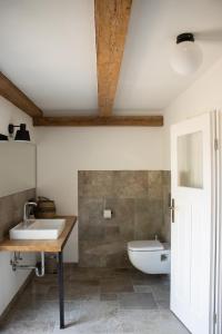 a bathroom with a sink and a toilet at Idyllisches Landhaus, Garten & Kaminofen, perfekt für Paare in Häven