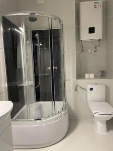 ein weißes Bad mit einer Dusche und einem WC in der Unterkunft Titan Centrum Apartman in Nyíregyháza