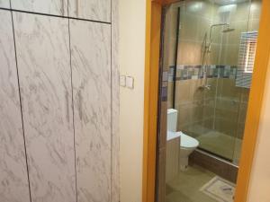 uma casa de banho com um WC e uma cabina de duche em vidro. em An Entire Rare Stylish 5-Bedroom Bungalow em Akure