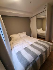a bedroom with a large bed and a mirror at Central Apartment Ålesund in Ålesund