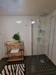 a bathroom with a shower and a shelf with towels at Central Apartment Ålesund in Ålesund +4 photos