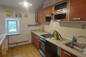 a kitchen with a sink and a stove top oven at HarmonyHub in Wałbrzych