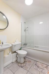 a bathroom with a toilet and a sink and a shower at Modern Elegant Central Apt with Parking in Dublin