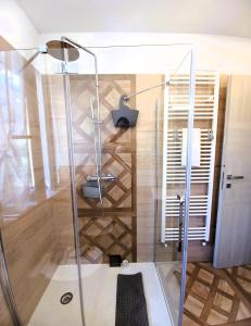 uma casa de banho com um chuveiro e uma porta de vidro em Domus Mea em Domodossola