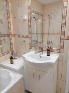 a bathroom with a white sink and a mirror at Harmony downtown apartment in Šabac