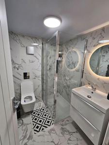 uma casa de banho com um chuveiro, um lavatório e um WC. em Comfortable Two Bedroom Flat em Brighton & Hove