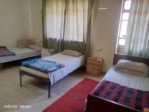 a bedroom with two twin beds and a window at Al Amawi Hostel in Amman