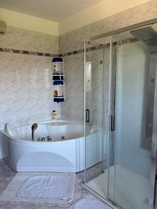 uma banheira na casa de banho com um chuveiro em Apartment Camellie em Galižana