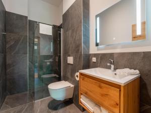 a bathroom with a toilet and a sink and a shower at Alpinchique 3 Mountain Chalet in Turracher Hohe