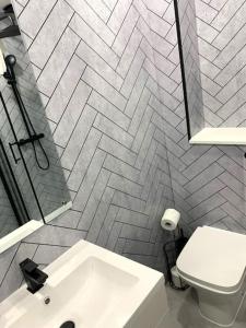 a bathroom with a white sink and a toilet at Grassmarket Apartment in Edinburgh