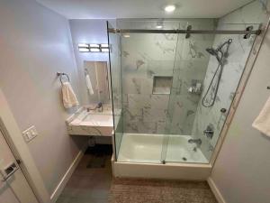 a bathroom with a glass shower and a sink at The Classic Suite: 2BR close to NYC in Paterson