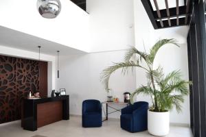 a lobby with two blue chairs and a palm tree at New apartment Neen in Cancún