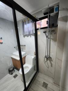 een kleine badkamer met een toilet en een douche bij Riverduplex - Luxury duplex at a fair price in Dauis