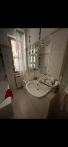 baño con lavabo blanco grande y espejo en Villa indipendente, en Anzio