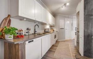 uma cozinha com armários brancos e um lavatório em Cozy Home In Heggedal With House A Panoramic View em Asker