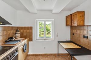 Heideblick的住宿－„Landidylle Niederlausitz“ – Gemütliches Feriendomizil zwischen Natur und Kultur，厨房设有水槽和窗户。