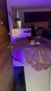 Zimmer mit einem Bett mit violettem Licht in der Unterkunft Deluxe appartement Jacuzzi in Freneuse