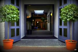 ブルンスムにあるParkstad City Hotelの青い扉と鉢植えの植物が2本ある廊下