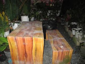deux bancs en bois assis devant des plantes en pot dans l'établissement Leo Green Apartelle, à Jagna