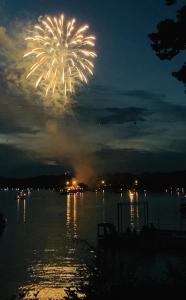 uno spettacolo pirotecnico su un corpo d'acqua di notte di Elias Lake House a Gainesville