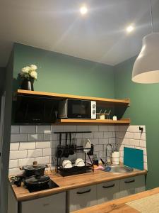 a kitchen with a counter top with a microwave at Evergreen Apart in Almaty