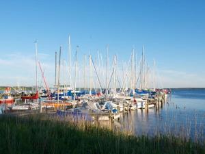 a group of boats docked at a dock in the water at Chudzik Modern retreat in Rerik