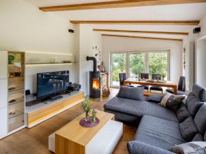 a living room with a couch and a fireplace at Mountain View Modern Retreat in Stryck