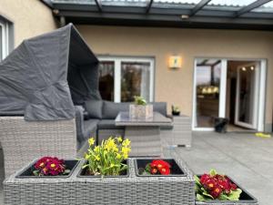two flower boxes with flowers in them on a patio at Milan Modern Retreat in Xanten