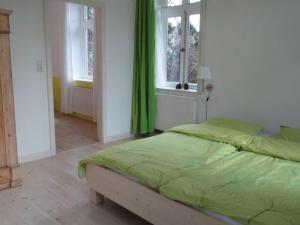 een slaapkamer met een bed met groene lakens en ramen bij The large holiday apartment in WÃ¶lpinghausen