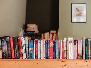 a row of books on a book shelf at Granetal Quarter apartment Bocksberg in Goslar