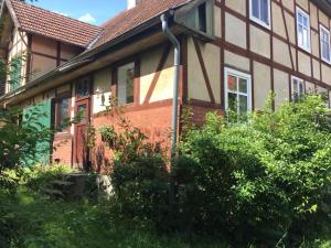 une maison avec une porte rouge et quelques buissons dans l'établissement Heidehof Bunge Modern retreat, à Uelzen