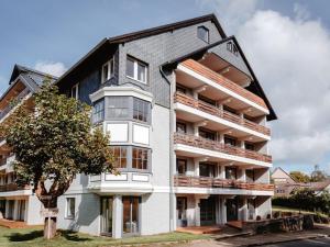 un edificio de apartamentos con techo negro en Granetal Quartier-Apartment Wildblume en Goslar