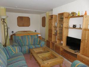 a living room with a couch and a tv at Prachtig uitzicht in Altenau